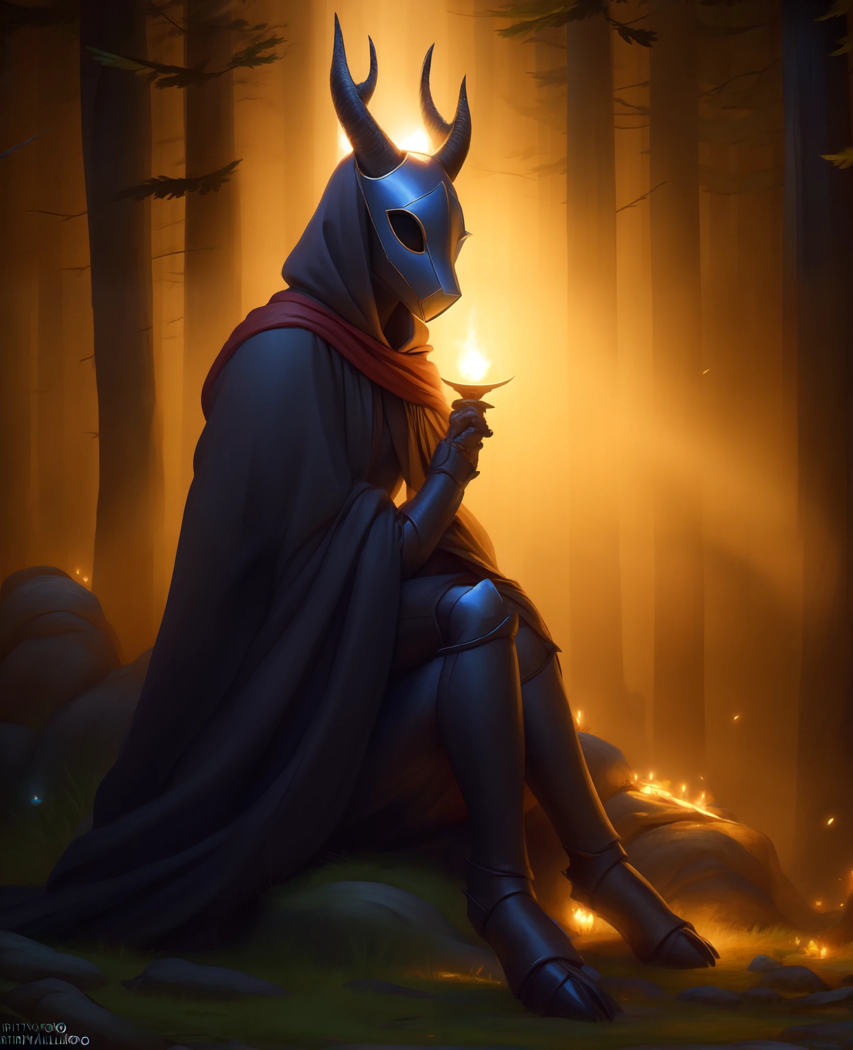 hornet, red cloak, joints, exoskeleton, 1girl, furry female, black body, mask, horns, black eyes, hollow eyes, (open cloak), paw feet:1.2
furry anthro, 
detailed, good shading, detailed hands, amazing quality, good lighting, photonoko lighting, by virtyalfobo 
BREAK
outside, detailed background, in an enchanted forest:1.2, mystic lights, sitting on the ground of an enchanted forest, facing viewer, lit from font, sitting