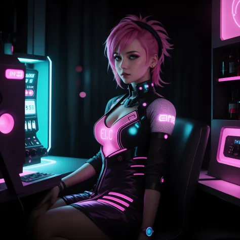 a close up photo of a female with a pink and blue punk hairstyle. she wears a futuristic dress with glowing circuit patterns. sh...