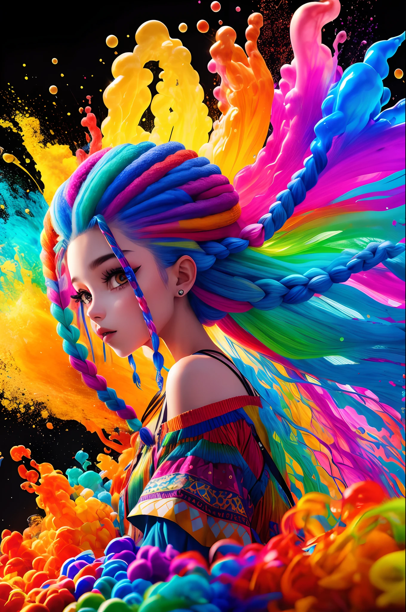 (fully body:1.2), (Smokexxx:1.4), 1 With Really Wild Hair, (wavy multicolor hair:1.2), (Two Long Braids:1.2), (long wild hair:1.2), (multicolored wildly hair: 1.9), wearing a long skirt, hight contrast, Epic cinematic, soft studio lights, rim-light, absurdrez, Amazing, Funny, itricate, hyper detailled, ultra realistic, subdued colors, 8k