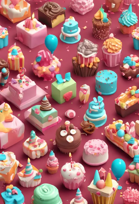 3d vector set of birthday icons in the style of atey ghailan, mixes realisitic and fantastical elements, candy core realistic and hyper-detailed renderings, low poly, soft muted color palette, isolate on white
