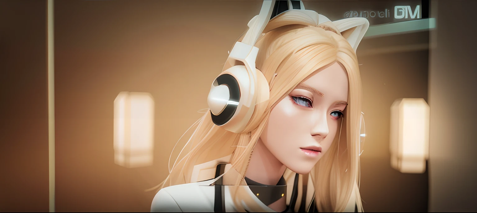 Une fille blonde portant des écouteurs et des oreilles qui brillent, Style animé. 8k, Oeuvre de style Guviz, style anime 3D réaliste, style artistique réaliste, style artistique d&#39;anime réaliste, style d&#39;anime4 K, kda, tendance sur cgstation, art numérique de style anime, Guviz, art animé numérique, Anime 3D réaliste, style anime 3D