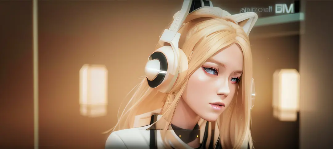 Blonde girl wearing headphones and glowing ears, Anime style. 8K, Guviz-style artwork, Realistic anime 3 D style, realistic art ...