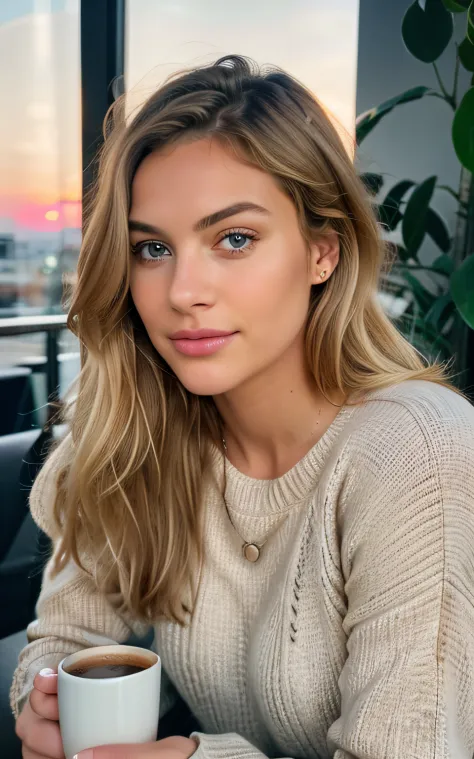 beautiful blonde wearing beige sweater (sipping coffee inside a modern café at sunset), very detailed, 21 years old, innocent fa...