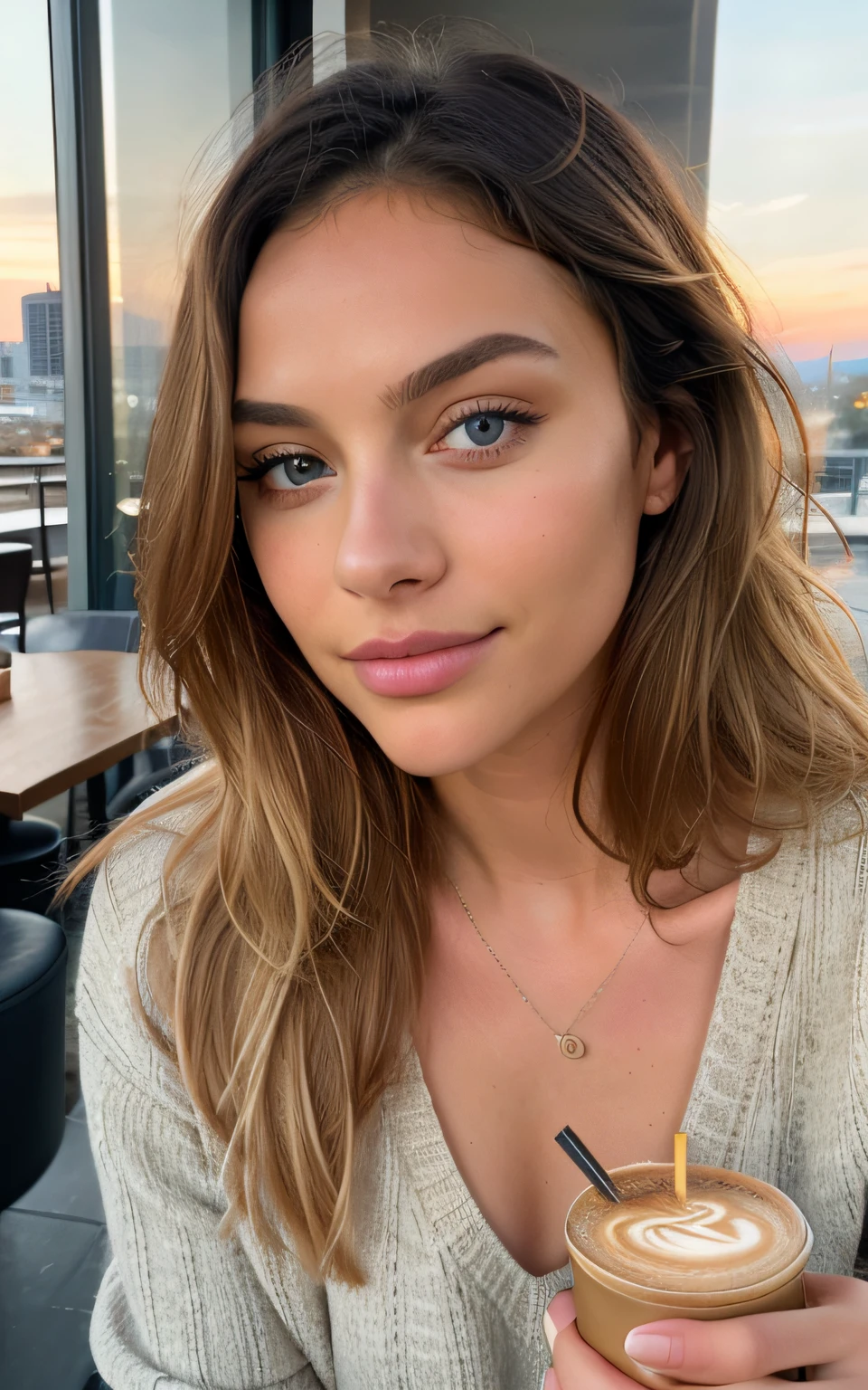 beautiful blonde wearing beige sweater (sipping coffee inside a modern café at sunset), very detailed, 21 years old, innocent face, natural wavy hair, blue eyes, high resolution, masterpiece, best quality, intricate details, highly detailed, sharp focus, detailed skin, realistic skin texture, texture, detailed eyes, professional, 4k, charming smile, shot on Canon, 85mm, shallow depth of field,  kodak vision color, perfect fit body, extremely detailed, foto_\(ultra\), photorealistic, realistic, post-processing, maximum detail, roughness, real life, ultra realistic, photorealism, photography, 8k uhd, photography