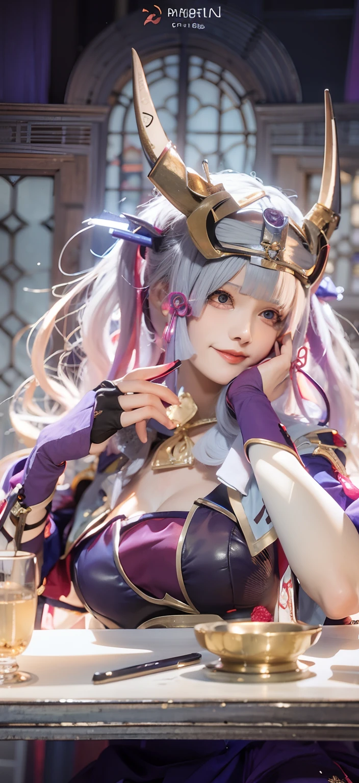 Anime girl sitting at table with horns and purple dress, Keqing from Genshin Impact, sakimichan, Gorgeous Role Play, zhongli from genshin impact, ((a beautiful fantasy empress)), sakimichan frank franzzeta, Beautiful celestial mage, Ayaka Genshin impact, 8k octae render photo, Guviz