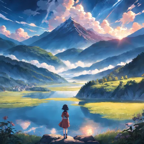 mountainous、by lake、Large space、high sky、suns、radiant light、Clear lake、bucolic、looking-down、