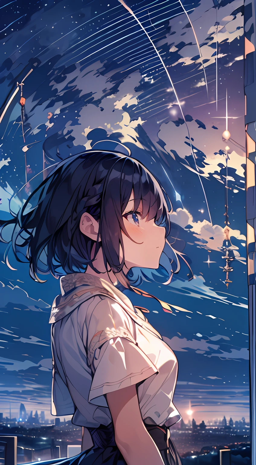 masutepiece, Best Quality,Illustration, Wallpaper, Ultra Detail, absurderes, 1girl in、 (Medium short hair、short braided hair), Beautiful ultra-detailed eyes , Hair fluttering in the wind、Smaller head、Beautiful night sky、(a panoramic view:1.5)