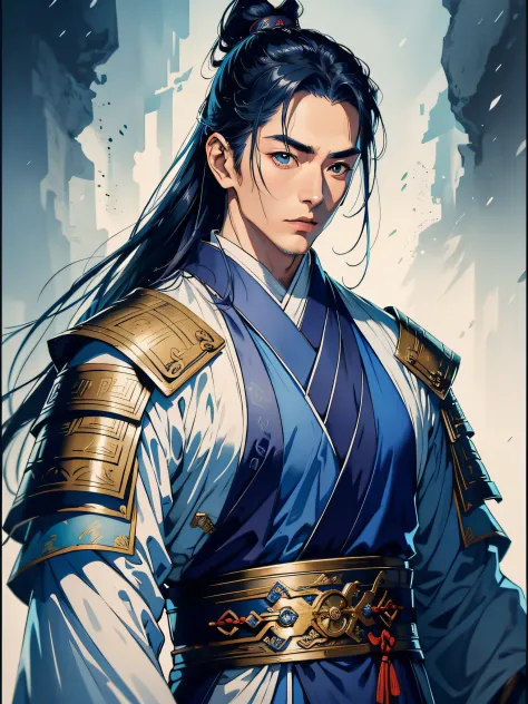 of a guy，Blue main color picture，Sect leader，Handsome face，Upper body portrait，Detail portrayal，wuxia-style clothing，The side fa...