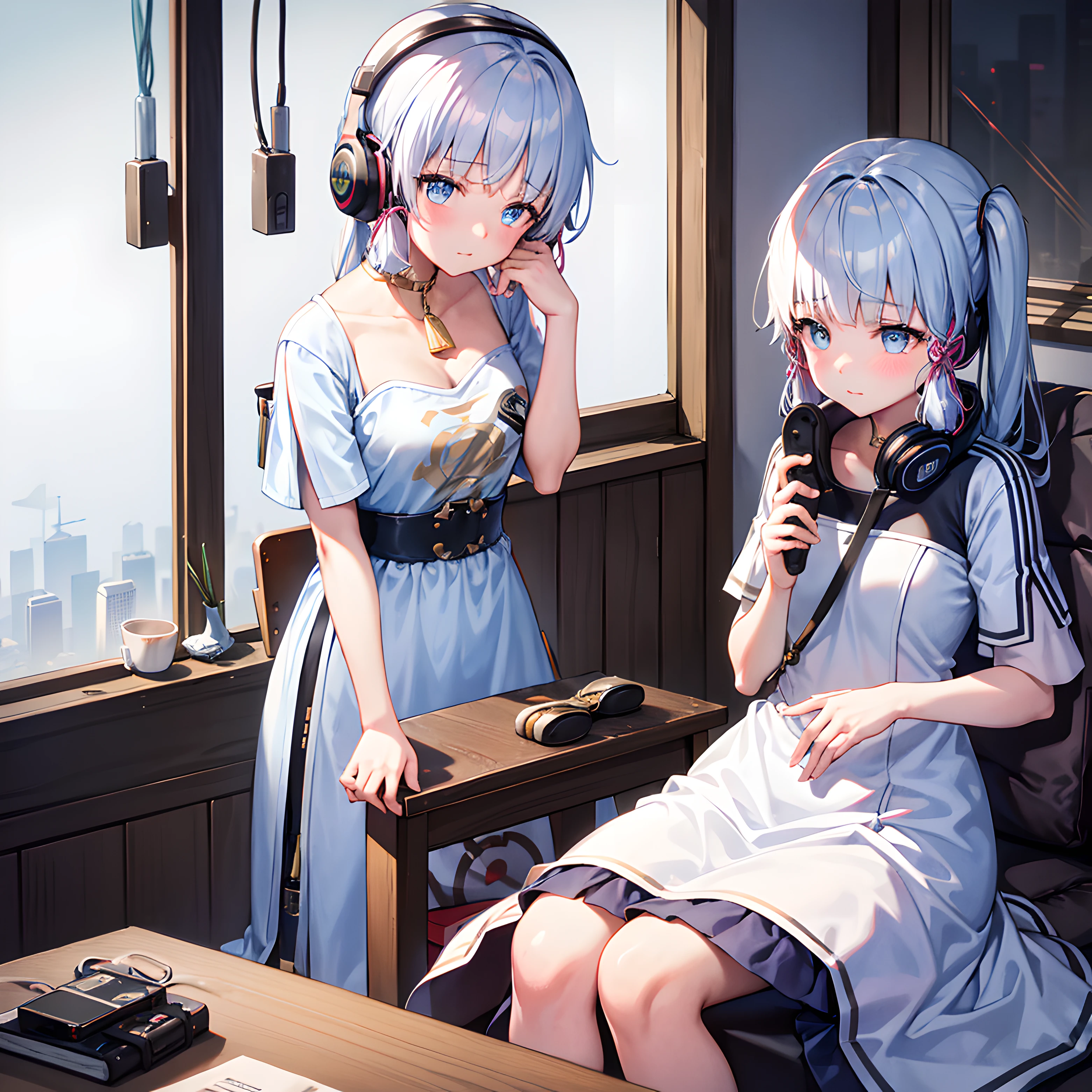 natta，Kizi，1girl solo，Headsets，Phone in hand，Sateen，neonlight，Hong Kong，Hold your chin with your hand，Sit by the window，Insert into pocket，shoulder strap，short- sleeved，white colors