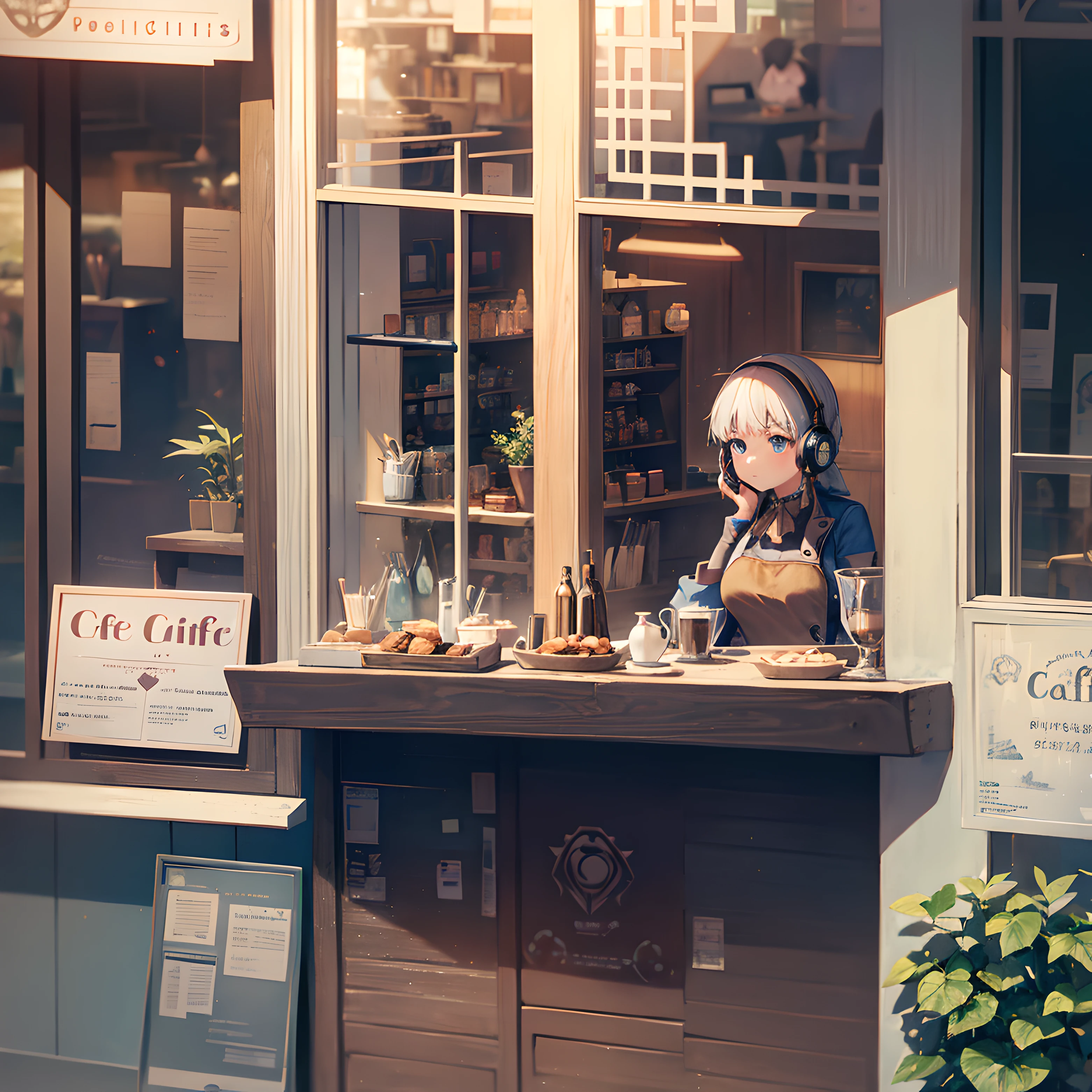 1girll，Cafe，By the window，kawa，Hold your chin with your hand，Headsets，pondering，frontage，Look forward，High resolution 4K