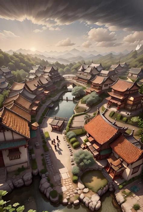 there is a small town with a pool in the middle of it, dreamy chinese town, villages ， unreal engine, chinese village, beautiful...