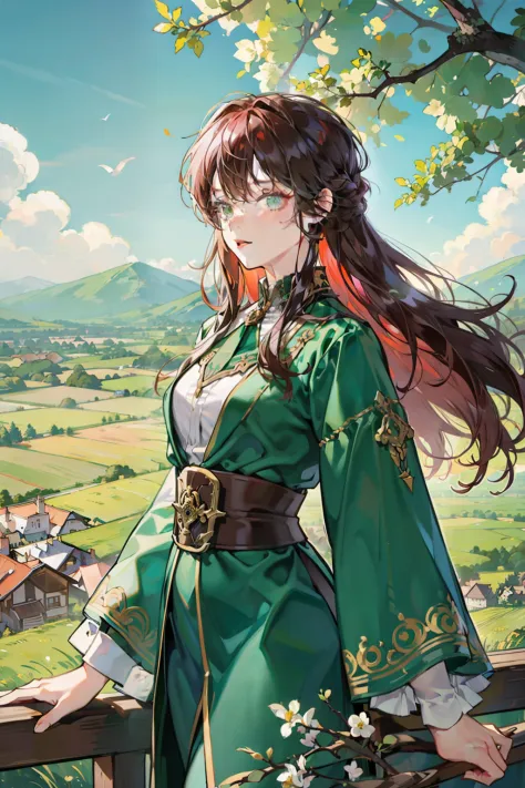 auburn hair，Slim woman, Decorated with flowing emerald silk robes, Stand on top of a meadow hill，The view is majestic.