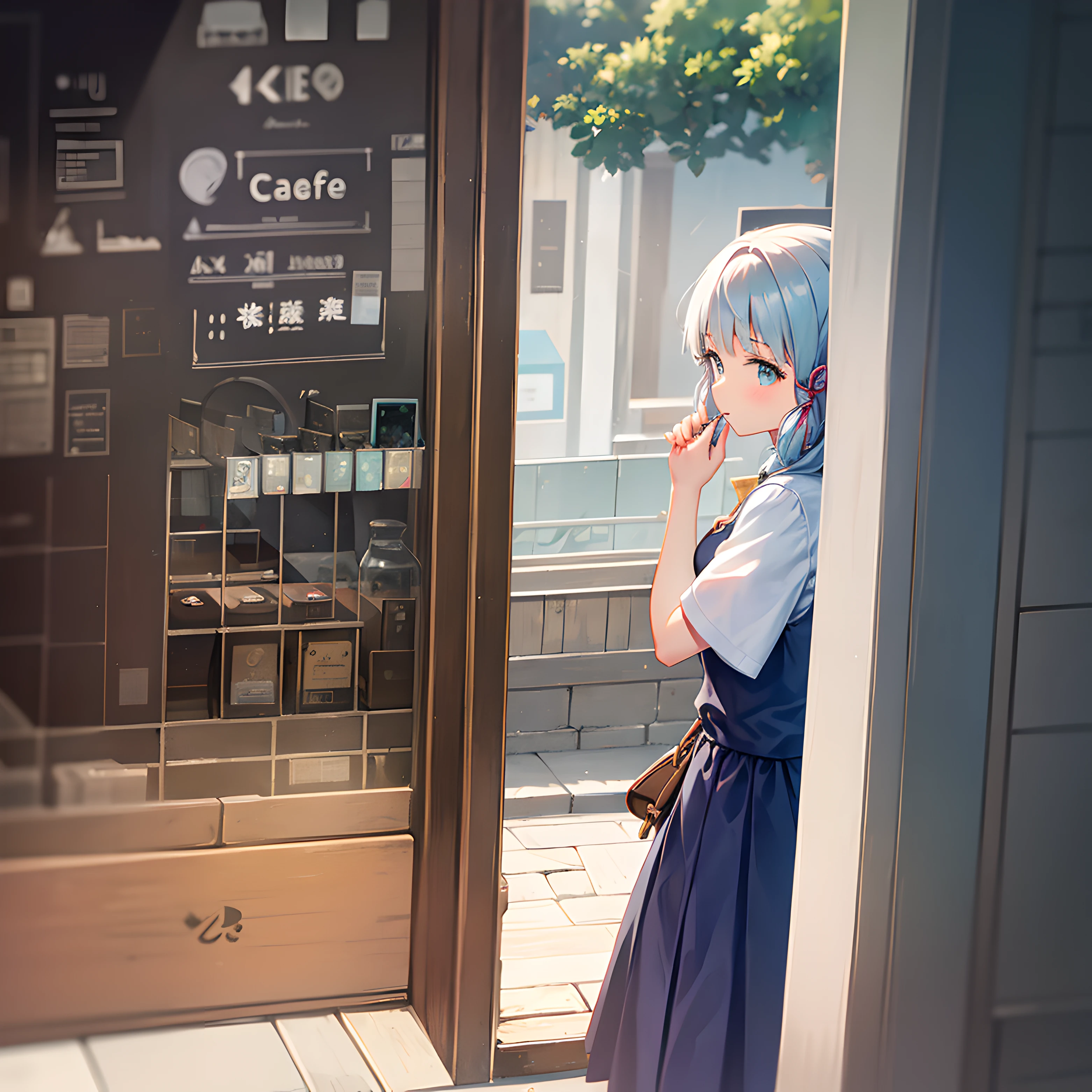 1girll，Cafe，By the window，kawa，Hold your chin with your hands，Earphone，Pondering，frontage，Look forward，Single horsetail，School uniform JK，High resolution 4K