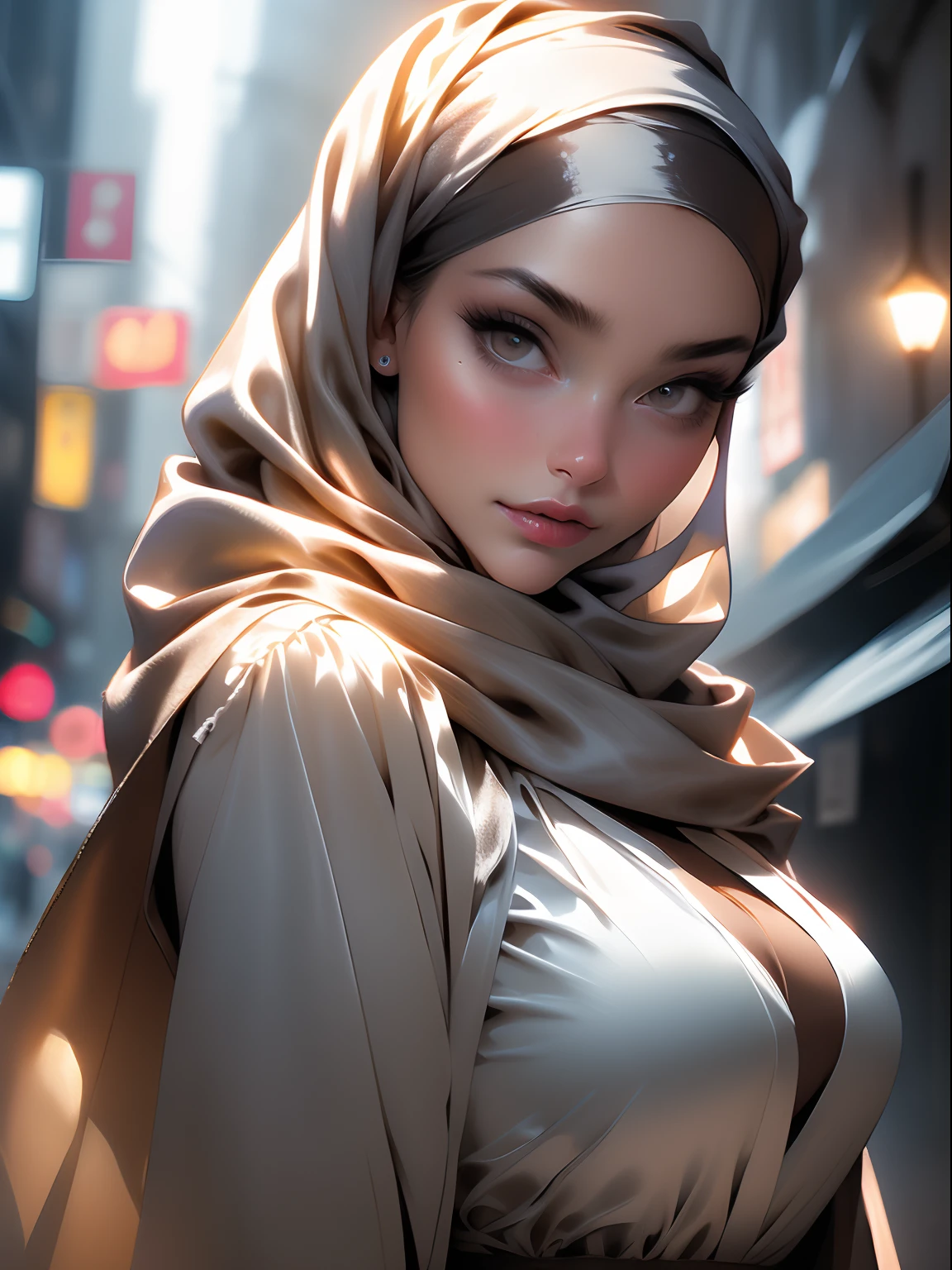 Photo of 25 year old European girl, RAW, beautiful woman, ((gray satin headscarf), loosely tide hijab style), ((portrait)), (Detailed face: 1.2)), (Detailed facial features)), manga eyes, (Fine skin), pale skin, high detail ((brown satin shirt and satin long maxi skirt)), slim body, megacity environment, (cold color), wet, moist, reflection, (masterpiece) ( Perfect proportions) (realistic photos) (highest quality) (detail) shot with Canon EOS R5, 50mm lens, f/2.8, HDR, (8k) (wallpaper) (movie lighting) (dramatic lighting) (sharp focus) (complex) fashion