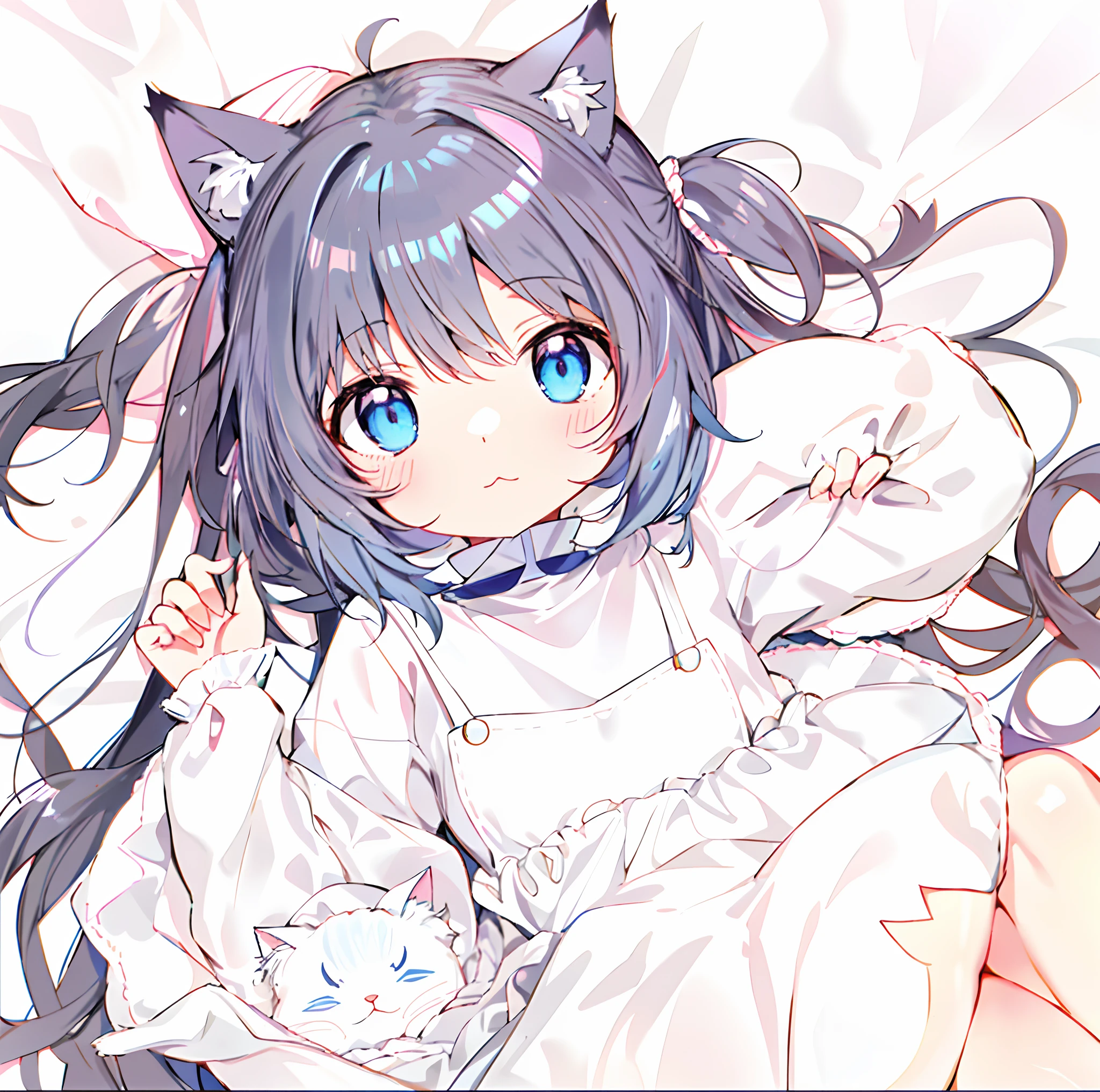 Аниме Девушка lying on bed with long black hair and blue eyes, cute anime  котgirl, белый Cat Девочка, anime girl with кот ears, beautiful anime  котgirl - SeaArt AI