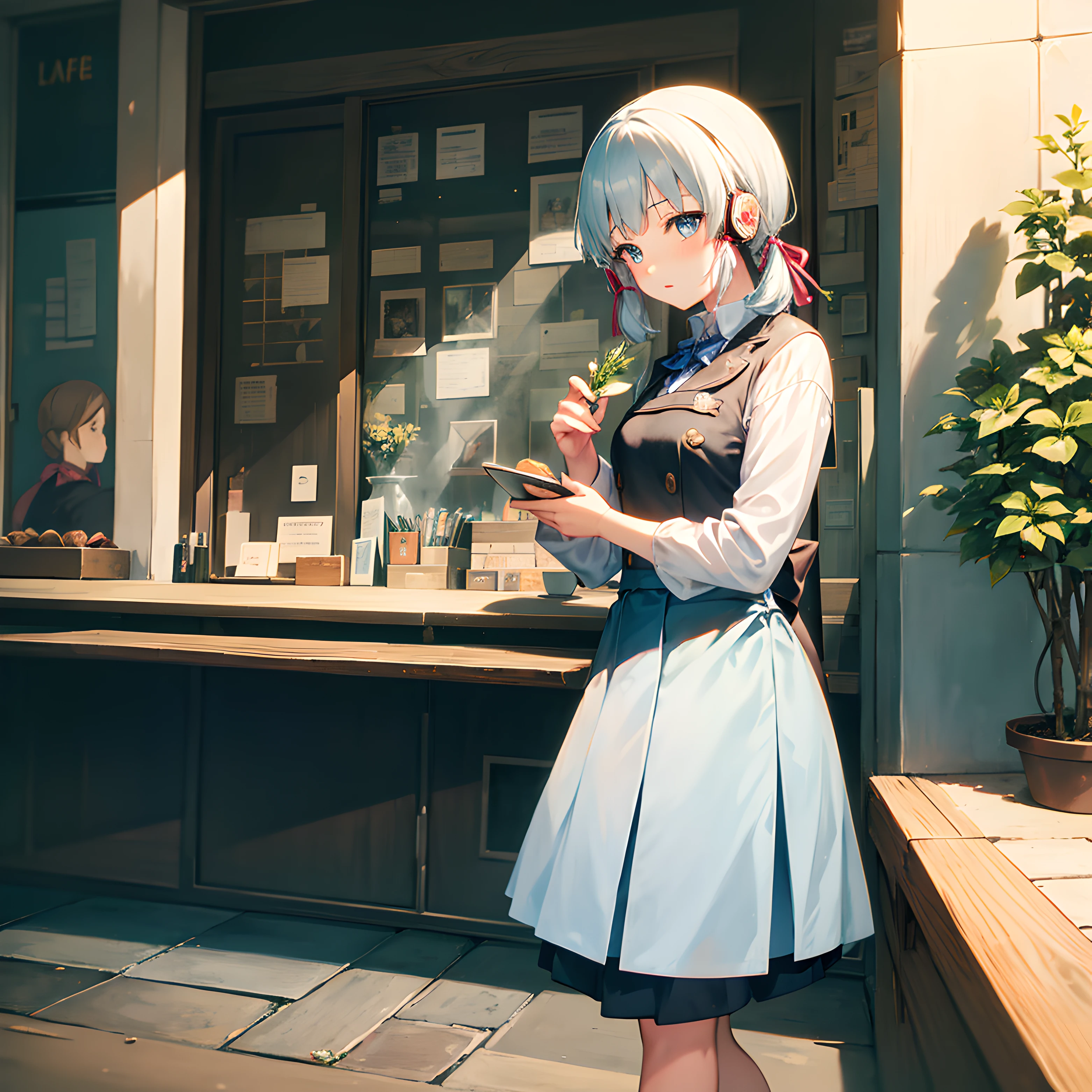 1girll，Cafe，By the window，kawa，Hold your chin with your hands，Headsets，Pondering，frontage，Look forward，Single horsetail，School uniform JK，High resolution 4K，Full character，cellular phone，natta