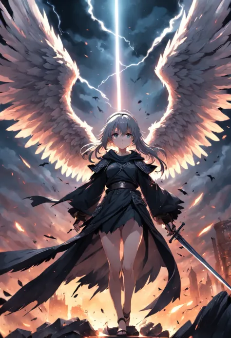 Realistic, 4K, Angels with big wings, Black clothes, one sword, Hood in war background picture (chaos)