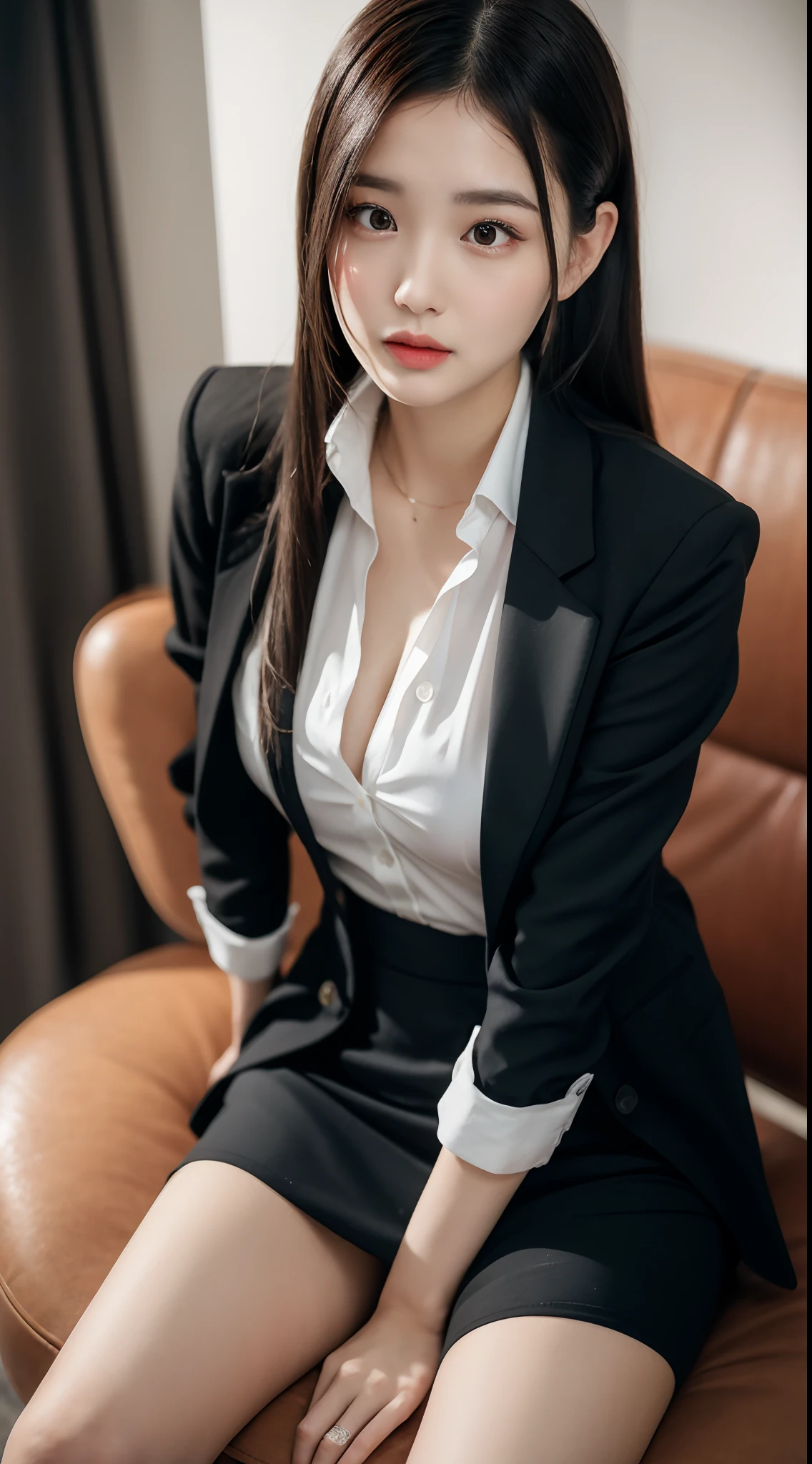 （（（heterosexuality））），（（（（office  lady，Black recruit suit，White color blouse，Black tight skirt，black lence stockings，red high heel pumps）），（sit on chair，sitting on legs bending knees，Zoom camera in the crotch，From the angle below），（Unbuttoned shirt：1.1），Looks to the side，Very angry，Be red in the face，agony，Reluctant，glaring eyes， NSFW， 8k， RAW photos， tmasterpiece， absurderes， top-quality， A high resolution： 1.1， hyper-detailing， Ultra photo realsisim： 1.4， photorealestic， realisticlying： 1.3， cinematric light， filmgrain， closeup cleavage， full bodyesbian， depth of fields， Eye focus， young， 85mm lens， f / 1.4， profesional lighting， portrait， photon maping， Radio City， physically-based renderingt， transparency， the soft light， photo-realistic face， photorealistic body， Realistic skin， ren： 1.8， brunette color hair， The hairstyle is in line with the 2023 Chinese trend，：1.2，Blushlush，Nice style，（Very deep lip gloss，Bright red lipstick，So many eyelashes，Pitch-black eye shadow），chineseidol，natta，office room，co，camel-toe，long leges，pureerosface_v1：0.8，dynamicposes