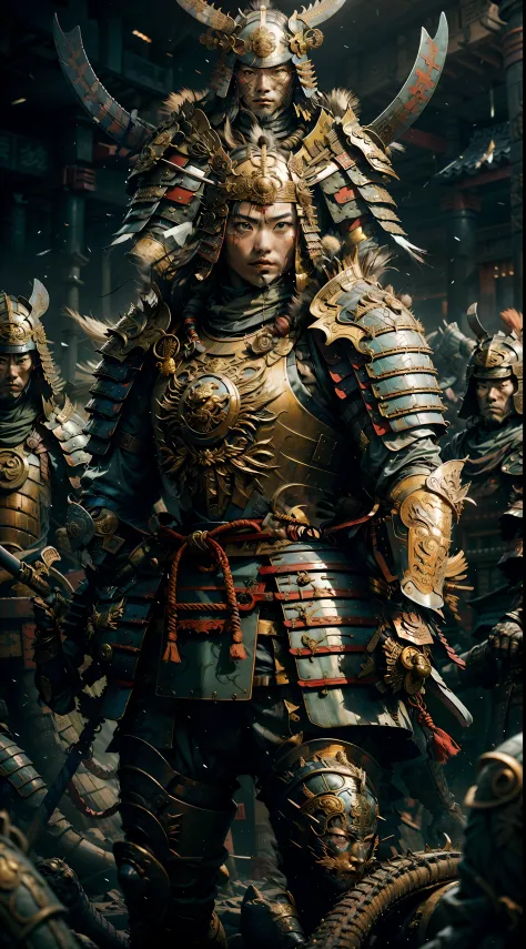 Woman, long haired, skilled and agile samurai, whose armor is adorned with serpent details carved in green jade, armor is elegan...