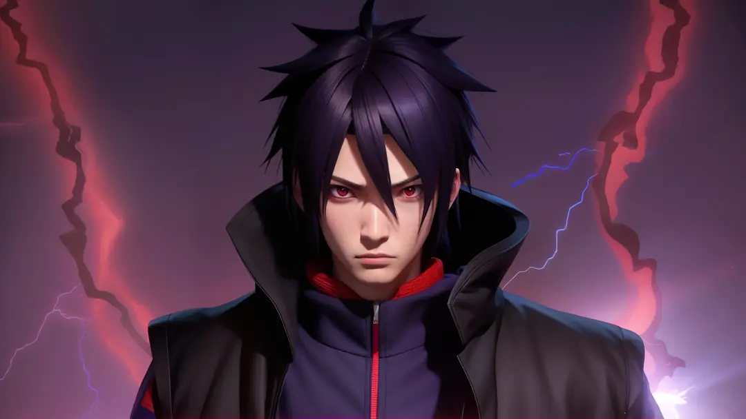 a man in a purple coat with a lightning bolt behind him, sasuke uchiha, madara uchiha, badass anime 8 k, itatchi uchiha, itachi ...