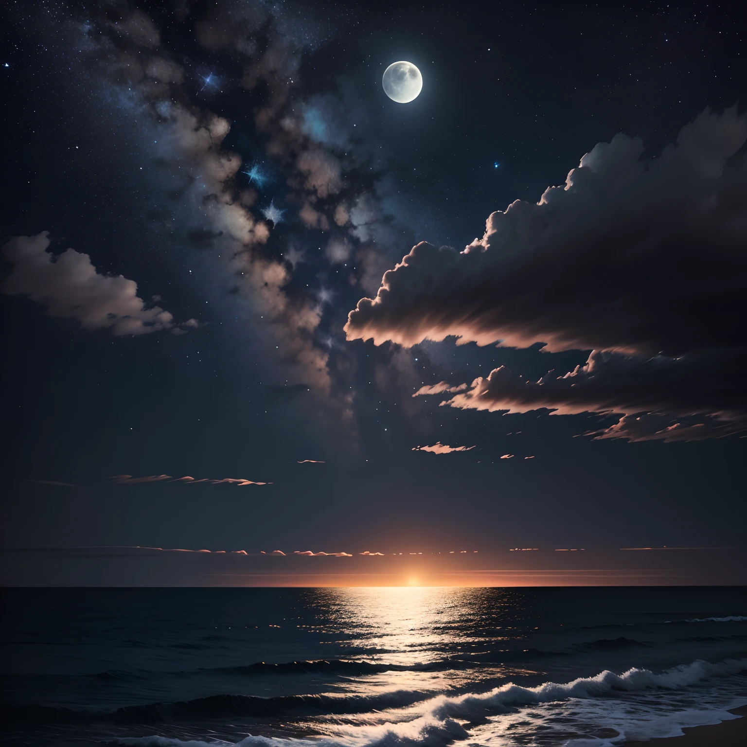 Небо и море сливаются ночью，Лунный свет падает на море сквозь облака，Звезды на небе яркие，Нет персонажей，