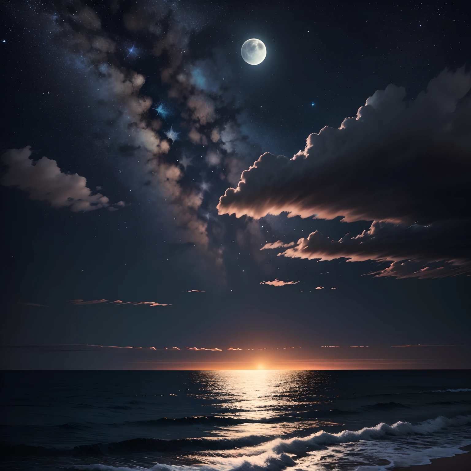 Le ciel et la mer fusionnent la nuit，La lumière de la lune tombe sur la mer à travers les nuages，Les étoiles dans le ciel sont brillantes，Il n&#39;y a pas de personnages，