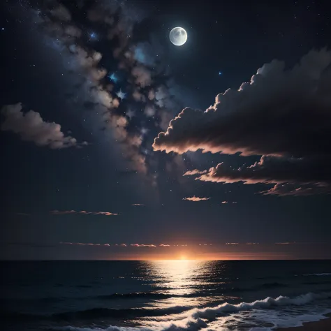 The sky and sea merge at night，Moonlight falls on the sea through the clouds，The stars in the sky are bright，There are no charac...