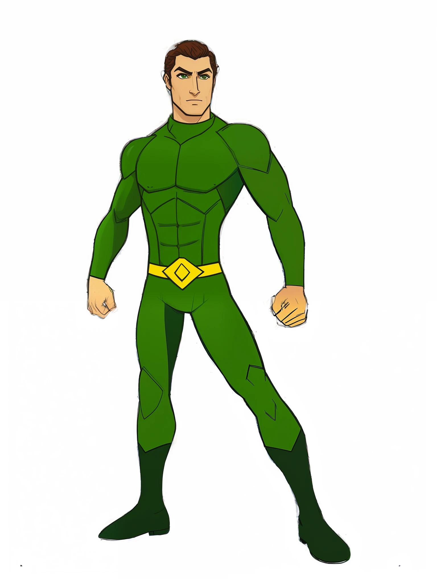 A cartoon of a man in a green suit with a yellow belt - SeaArt AI