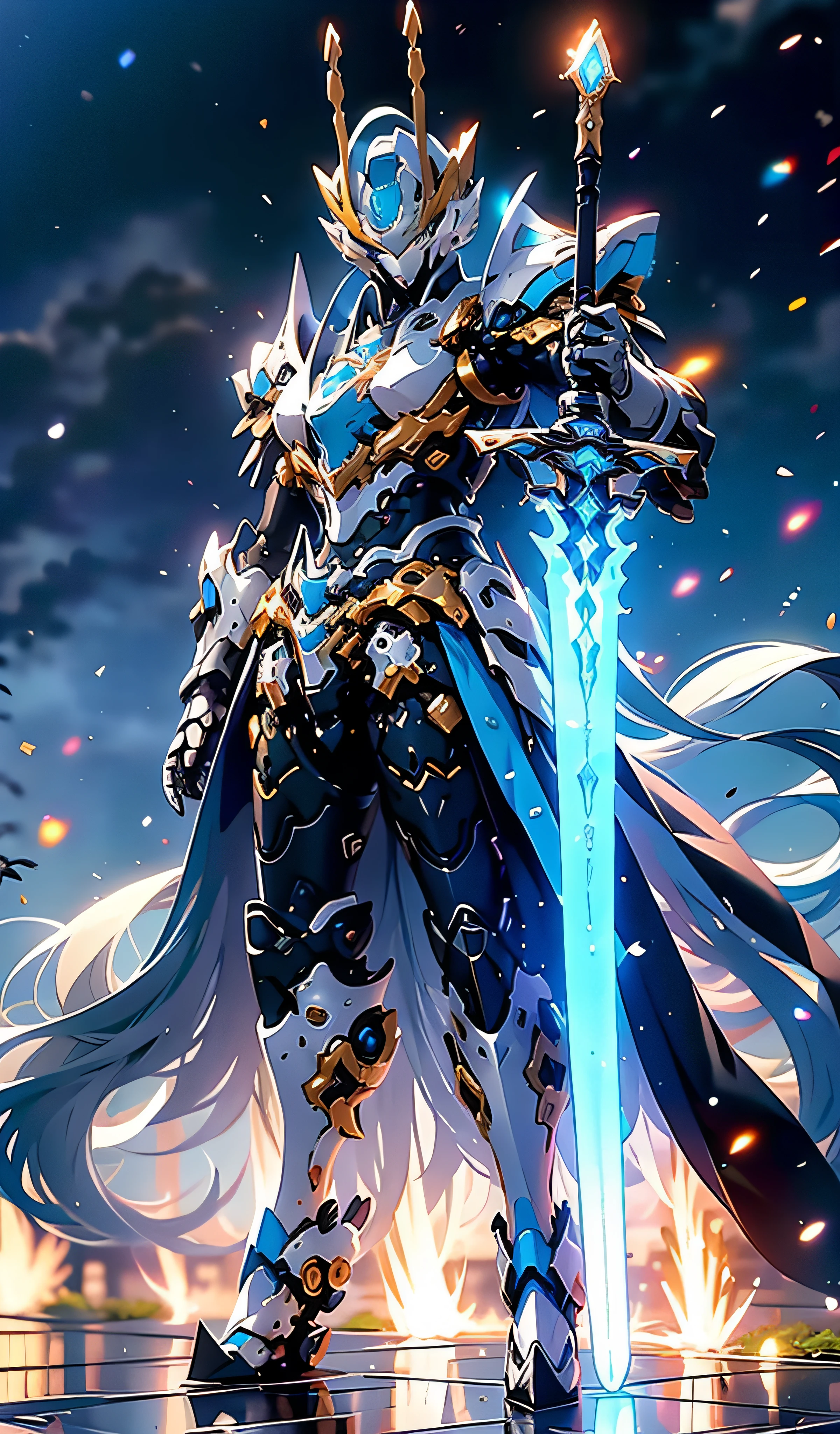 Futuristic tech style,Blue and white mech，All surrounded by particle dragons，With a spear，in a fighting stance，（《Romance of the Three Kingdoms》，《zhao yun》，Full body mecha,Fighting posture）, Keqing from Genshin Impact, (Masterpiece) ， The best quality， High quality，Gold armor，电影灯光， （Exquisite future）， Beautiful and beautiful， Ultra detailed， great composition， Floating， Depth of field， （Very detailed CG，Unity 8k壁纸）， （Beautiful detail background）， dramatic lights， GOGETTA， Mecha，best qualtiy，超高分辨率，Vivid Wait for it to begin