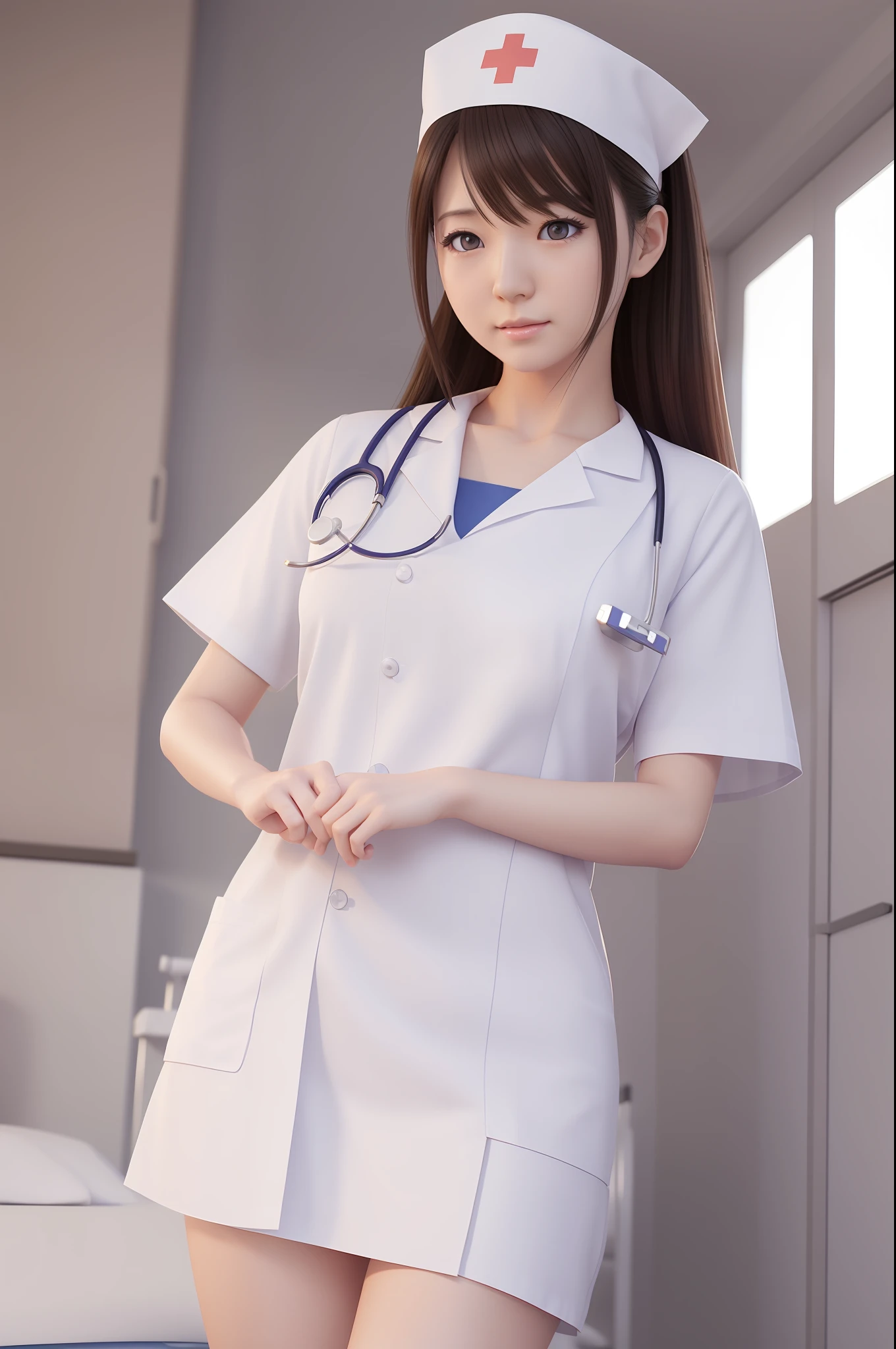 nurse's outfit、at hospital、cute nurse、pose for photo、asian female, Realistic, Photorealistic perfect body, [ 4 k photorealism ]!!, [ 4 k photorealism ]!!!, render of april, render of a cute 3d anime girl, Realistic Young Gravure Idol, Engaging pose, realistic shaded perfect body, 3 d anime realistic