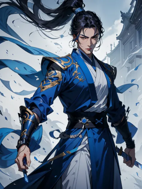 of a guy，Male martial arts，swordsman，The picture is a bright blue main color，Dashing flowing hair，Costume styling，The eyes are f...
