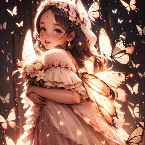 A wedding night, sparkling pink butterflies, A beautiful lovely girl, wearing a beautiful white wedding dress, sparkling picture...