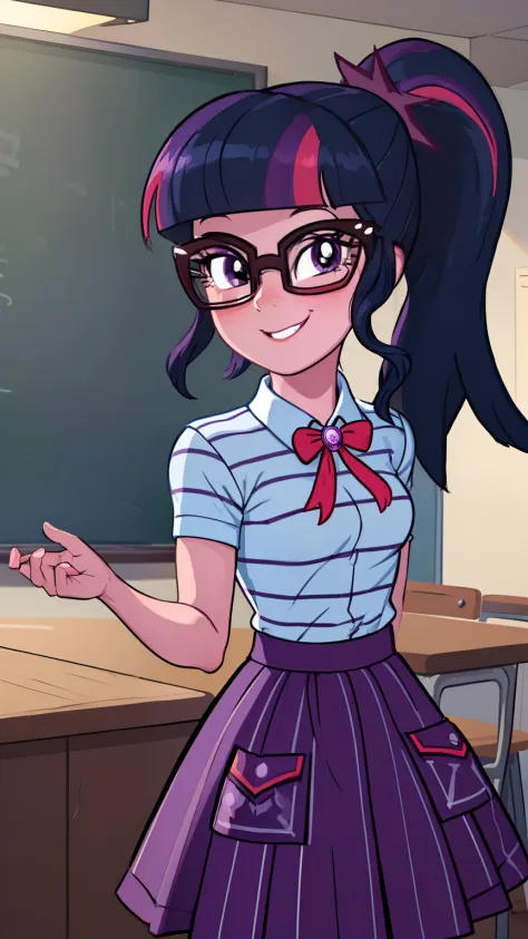 (masterpiece, best quality:1.2),cowboy shot,solo,1girl,mlptwilight,smile,looking at viewer,ponytail,glasses,striped shirt,purple skirt,classroom,dynamic lighting,