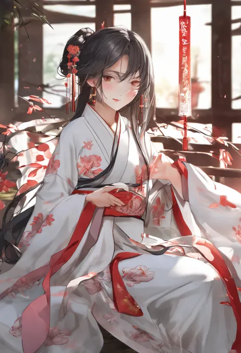 top-quality、​masterpiece、Hi-Res、女の子1人、red blush、(seducting smile: 0.8)、Chinese Hanfu、hair adornments、full bodyesbian、dynamic ungle, Anime Screen,  up looking_Down, Thick_thighs thighs thighs thighs, Lying, extra detailed body, girl, 年轻,20 years old, Long h...