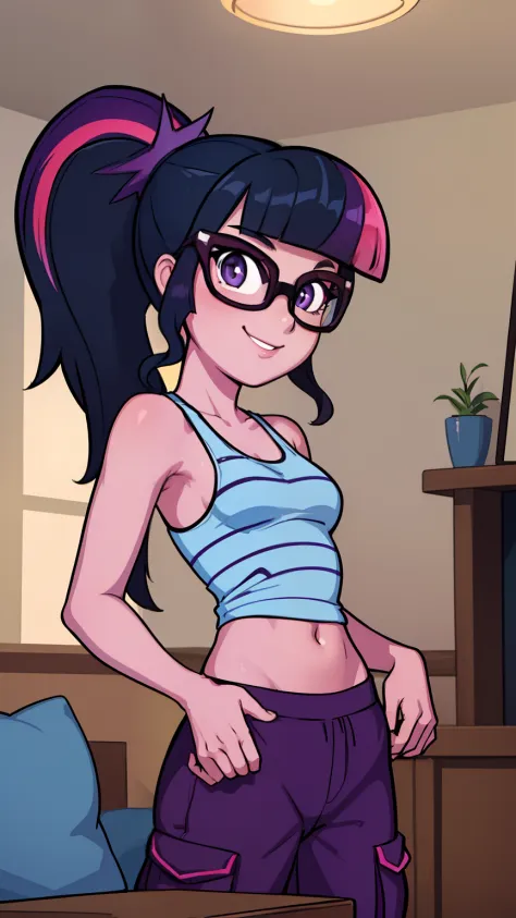 (masterpiece, best quality:1.2),cowboy shot,solo,1girl,mlptwilight,smile,looking at viewer,ponytail,glasses, purple tank top, black sweatpants, living room, dynamic lighting,