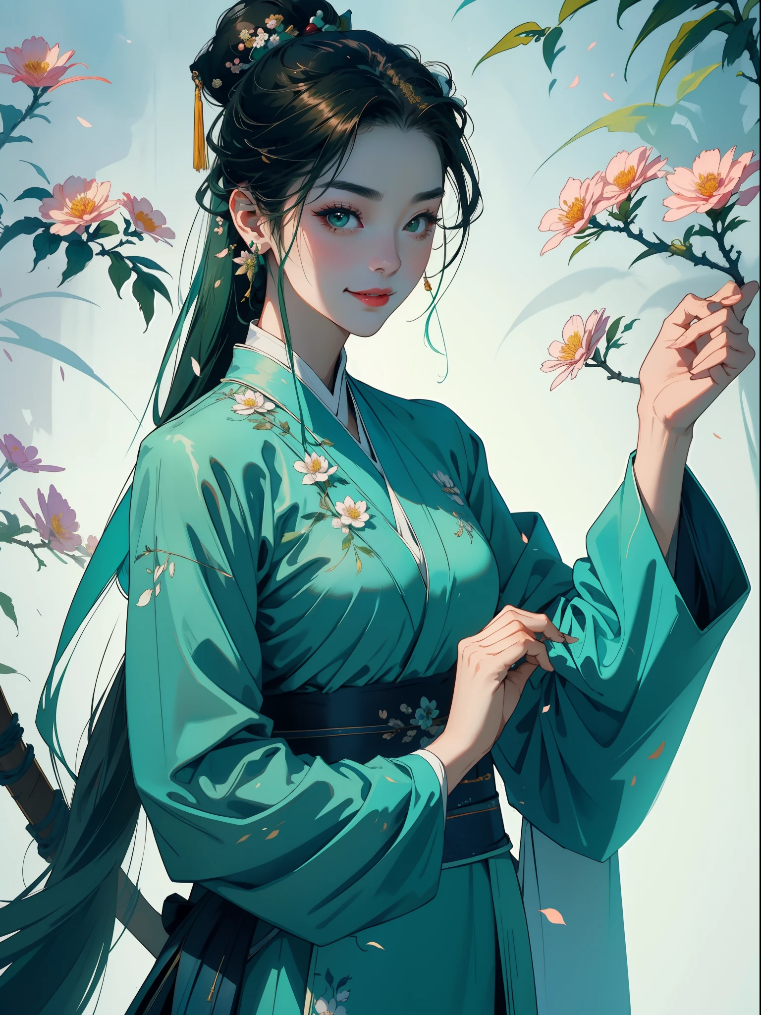 A woman，Canglin Sect Flower Ranger，Beautiful and lively，Green dominant color picture，Emoji smile，Flowing period costume，Flowers all over the background，Beautiful face，Upper body portrait，Detail portrayal，wuxia-style clothing，Best picture quality,