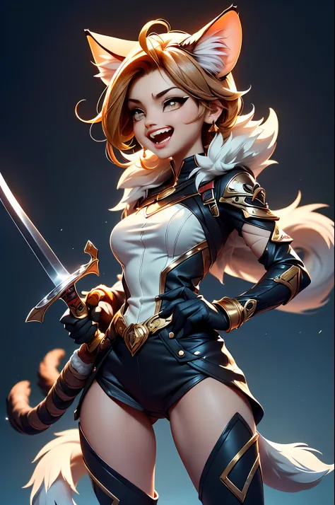 Wide-angle panorama，fully body photo，(Woman face without clothes:1.5), (Cute image standing all over the body:1.5), (Cat-like furry body and cat's paws:1.5), ((Holding a heavy sword in his hand:1.2)), (Cute), ( anime styled 3d:1.5),Superskirt, Bandage unde...
