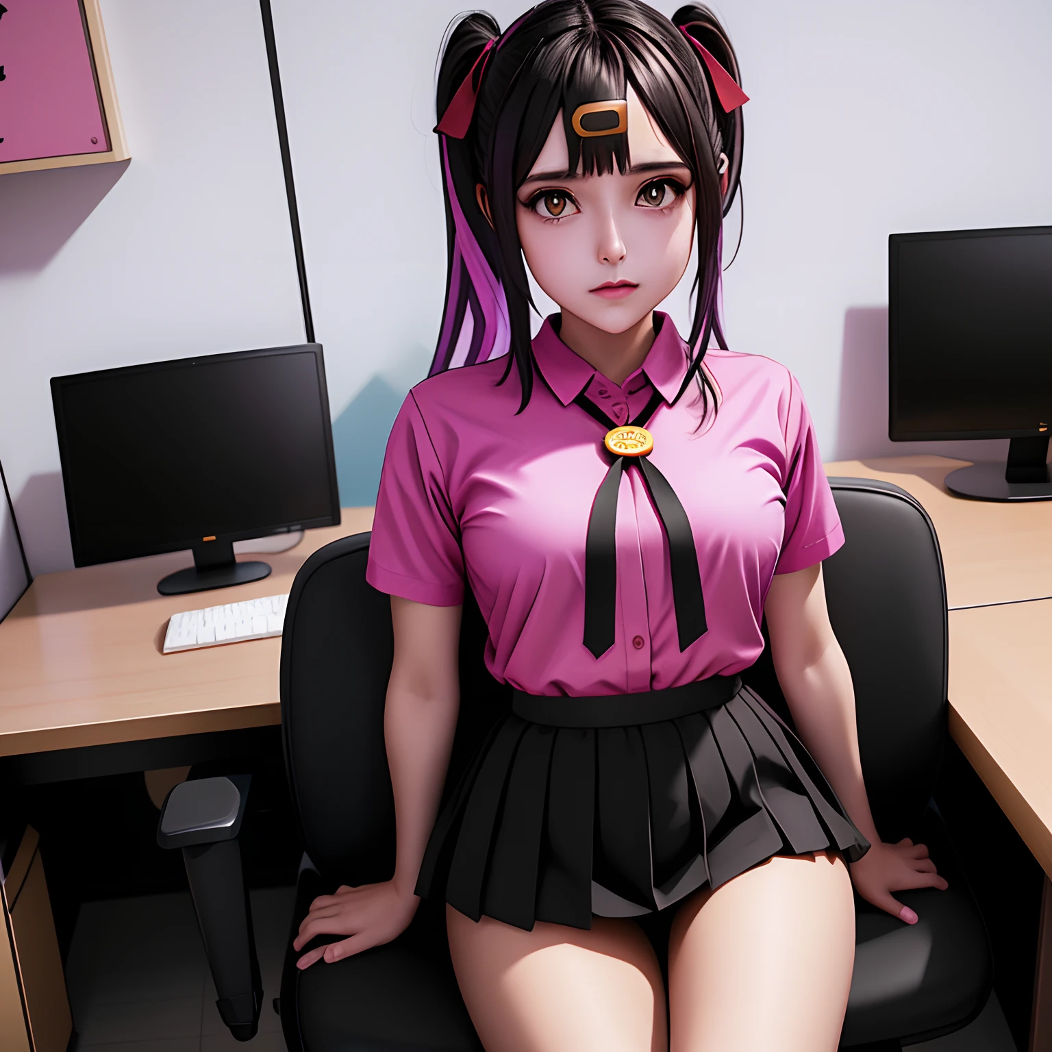 Mihari_era, 1 chica, solo, camisa rosa pink, corbata de bolo, Falda negra, cinturón negro, jaleco, sentado, silla, computadora, Dentro de casa