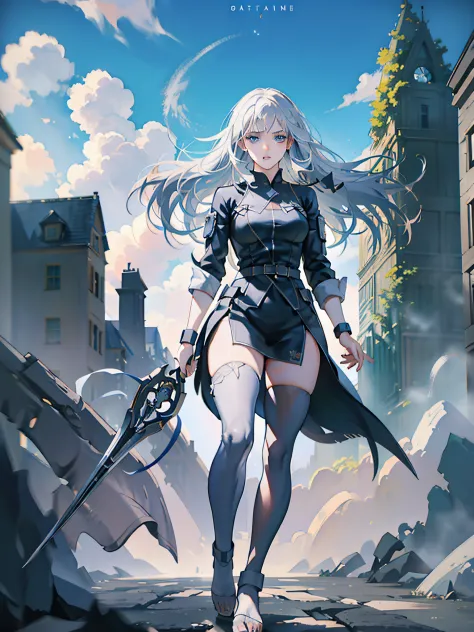 'claymore, claire, anime, full body, moving mode, silver hair, silver eyes, trending on artstation, deviantart, concept art, tre...