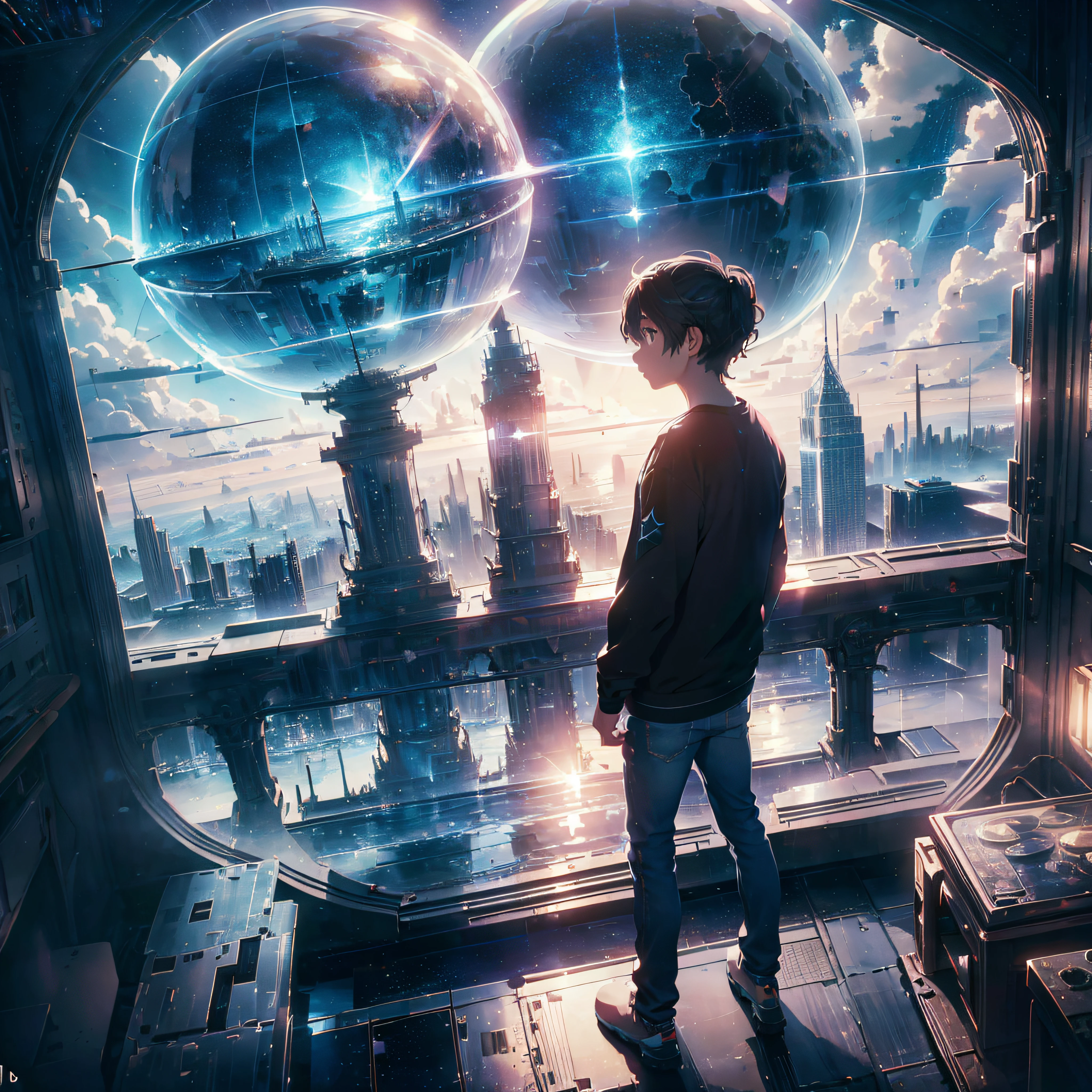 a giant mirrored sphere floating in space, a futuristic city within the sphere, new york, statue of liberty, perspective, twinkling lights, a man admiring, jeans, sweatshirt, (dark sky with clouds and stars:1.3), particles in the air, ray of god, detailed, masterpiece, high resolution, best quality, HD detail, hyper-detail, cinematic, surrealism, soft light, ray tracing and surrealism.