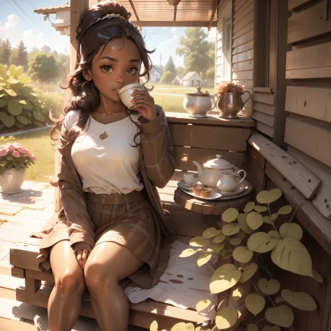 A brown skin girl, drinking tea while she's sitting on the porch, inside the house, high quality pictures, properly dressed, goo...