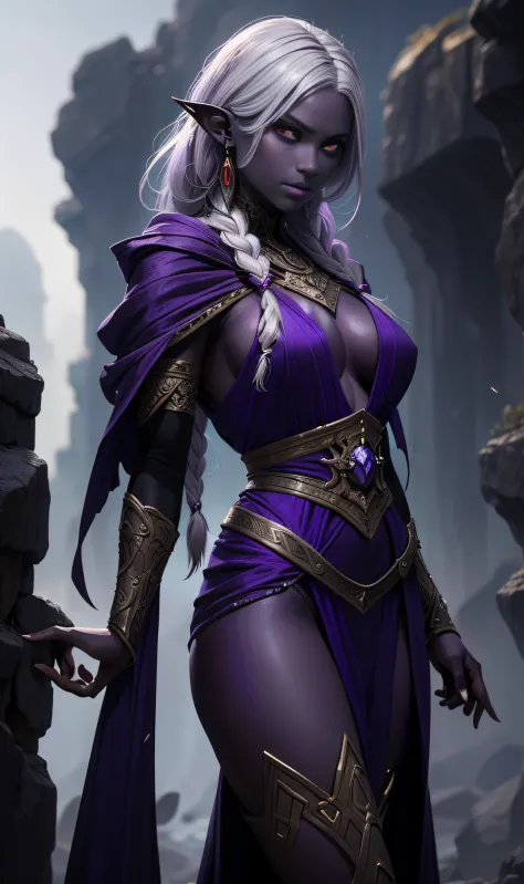 Beautiful portrait of perfect ((drow sorceress girl)), slender body, perky breasts, (pale silver long elaborate braids), (dark purple skin:1.5), wearing (white sorcerer robe), (red eyes:1.2), pointed ears, perfect features, abstract beauty, near perfection...