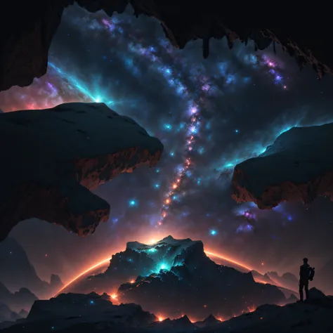 a young man watching a d3x3d style galaxy collapsing, amazing scenery, masterpiece.