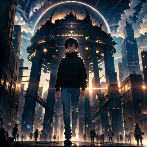a giant mirrored sphere floating in space, a futuristic city, new york, statue of liberty, perspective, twinkling lights, a man ...