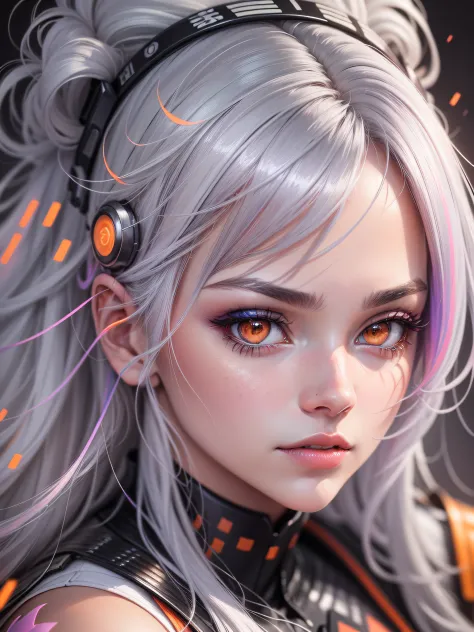 'Close up portait beautiful girl, silver hair, orange eyes, in modern fighting costume, hyper realistic, pastel colors, complementary colors, soft colors, vibrant colors, dramatic colors, vaporwave, retrowave, black and white, colorfull, artochrome, highly...