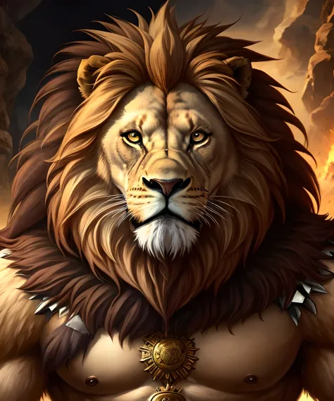 Humanoid lion warrior all hairy and strong looking at the viewer like a king