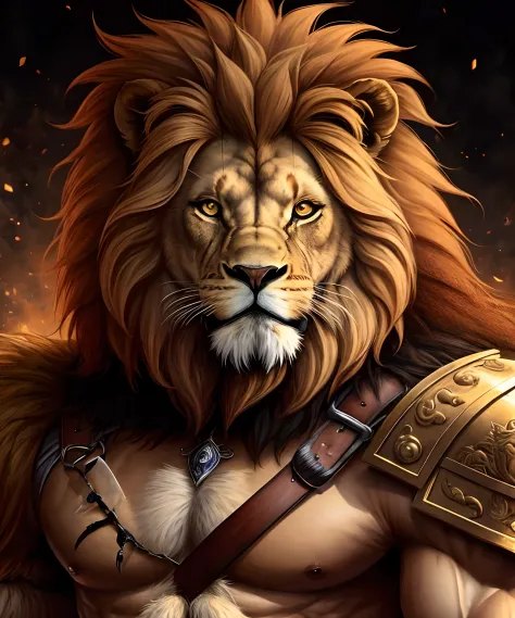 Humanoid lion warrior all hairy and strong looking at the viewer like a king