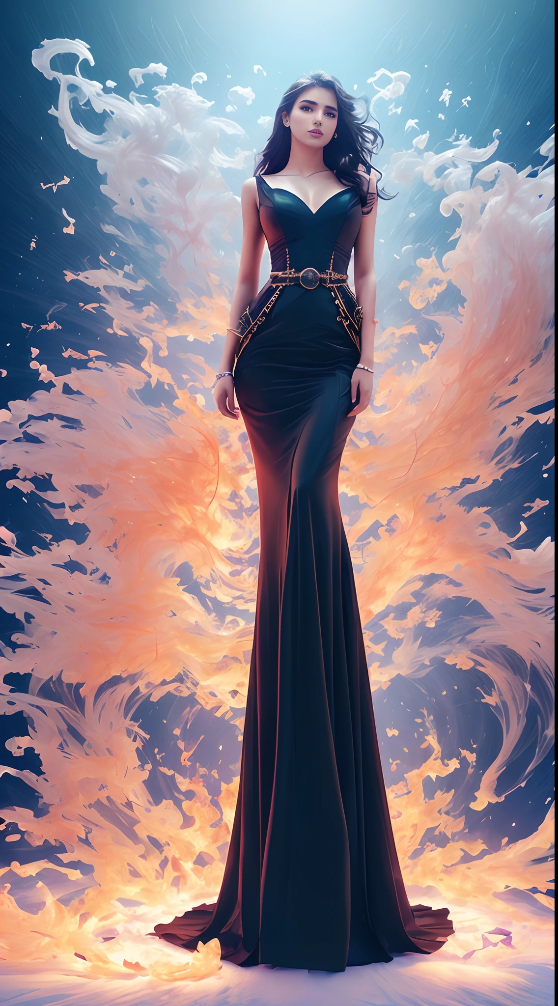 ModelShoot style, (Extremely detailed Cg Unity 8K wallpaper), A storm of liquid smoke overhead, Stylized beautiful full-length abstract portrait, author：Petros Afshar, ross tran, tom whalen, Peter Mohrbacher, 1 rapariga，The face of the country，ModelShoot style, (Extremely detailed Cg Unity 8K wallpaper), A storm of smoke overhead, Stylized beautiful full-length abstract portrait, Art germ, bubbly underwater scenery, radiant light，technological lights，a white long skirt，a narrow waist