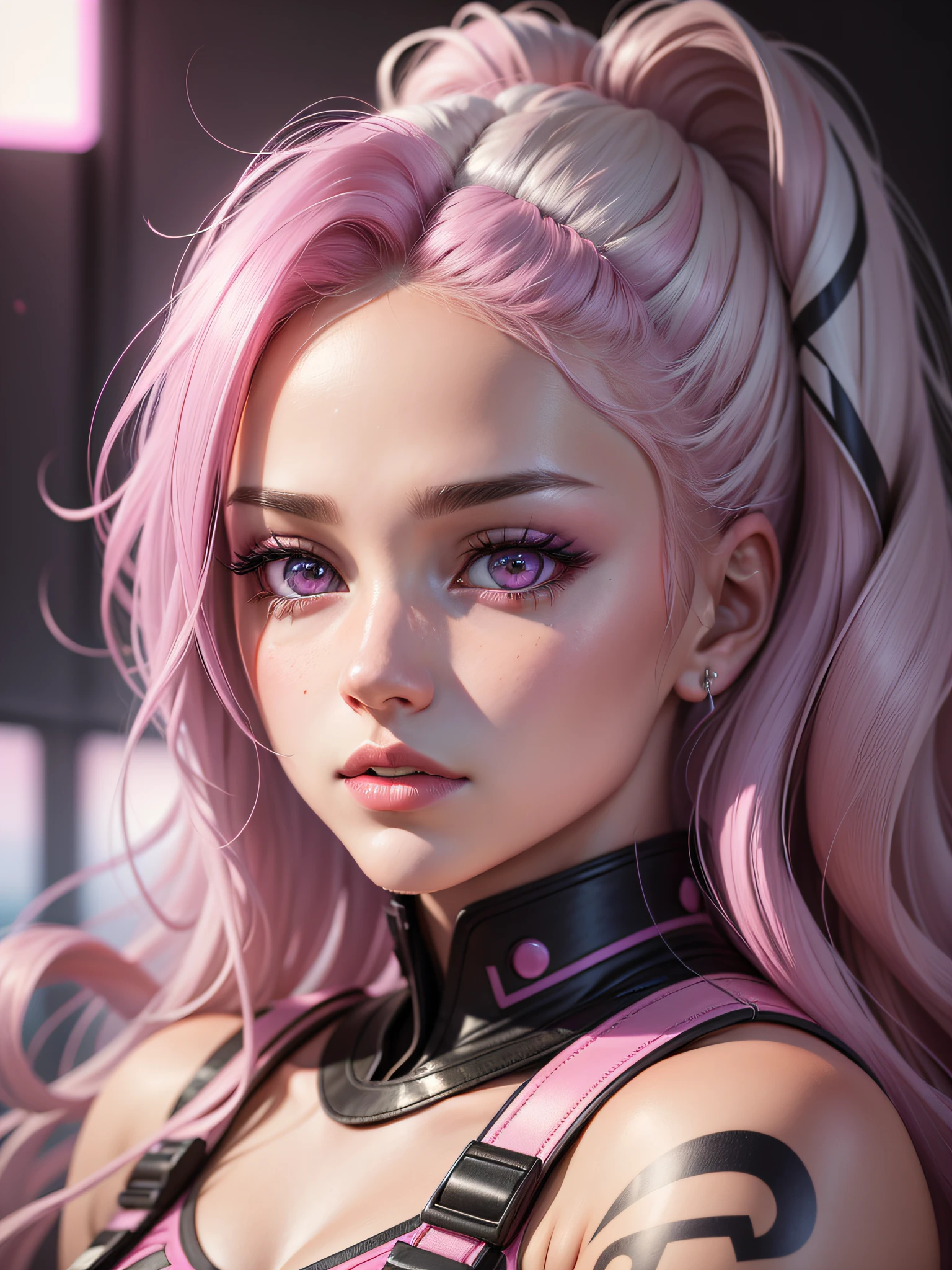 'Close up portait beautiful girl, pratesdo hair, pink eyes, in modern fighting costume, hyper realistic, pastel colors, complementary colors, soft colors, vibrant colors, dramatic colors, vaporwave, retrowave, black and white, colorfull, artochrome, highly detailed, 4K'