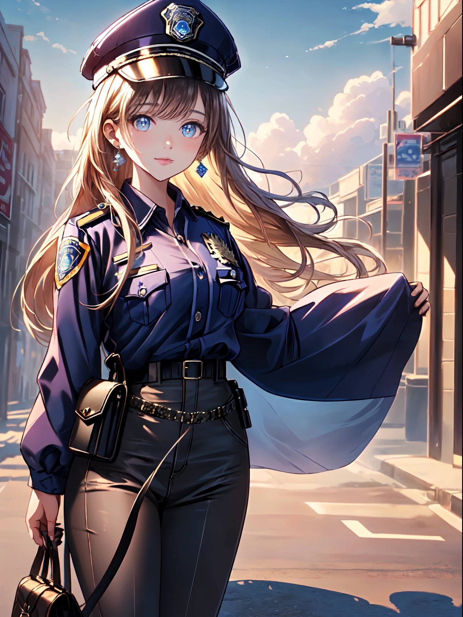 ((masterpiece+best quality+high resolution+illustration1.3+ultra 8k)), 1girl, ((detailed body)) ((attractive face)) ((long nose)), police dress, police cap, police logo on her shirt, outdoor, fantasy cloud, cloudy background, detailed body, long hair, sharp eyes, detailed eyes, ((detailed shadow)), lighting, detailed, focus, earrings, hnd detailed